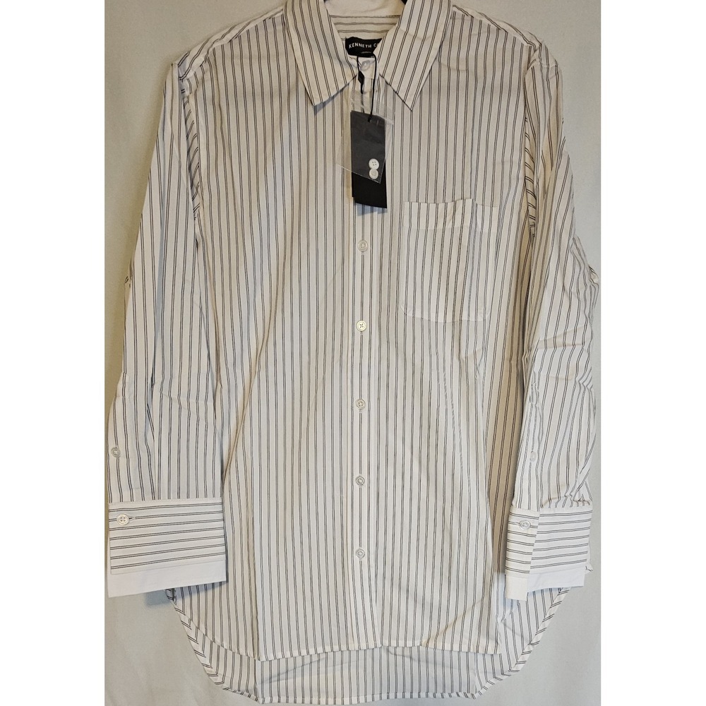 NWT Kenneth Cole Men's Dress Shirt White/Black Pinstripes Med